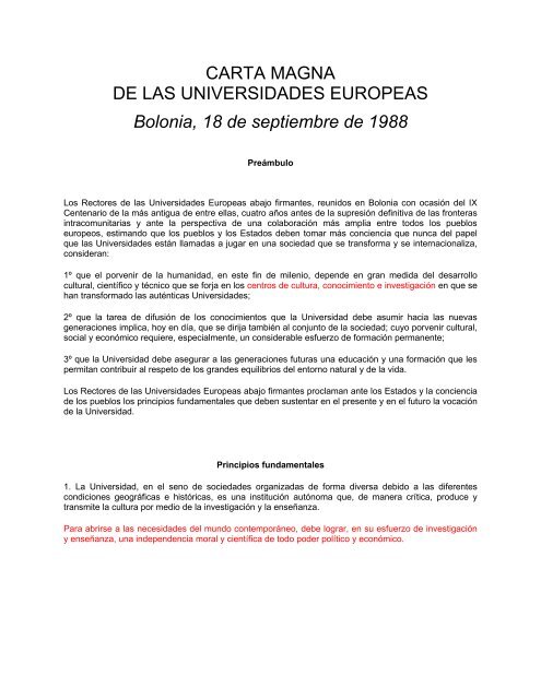 Carta Magna de las Universidades Europeas. - La Ciudad Viva