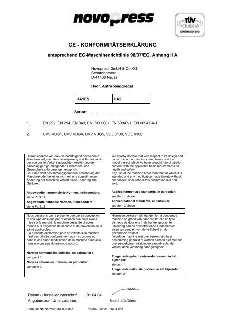 Betriebsanleitung für HYDR. ANTRIEBSAGGREGATE HA1ES / HA2