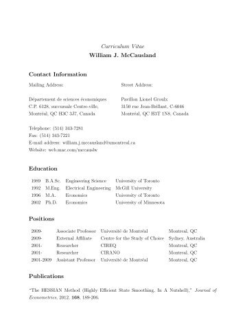 Curriculum Vitae William J. McCausland Contact Information ...