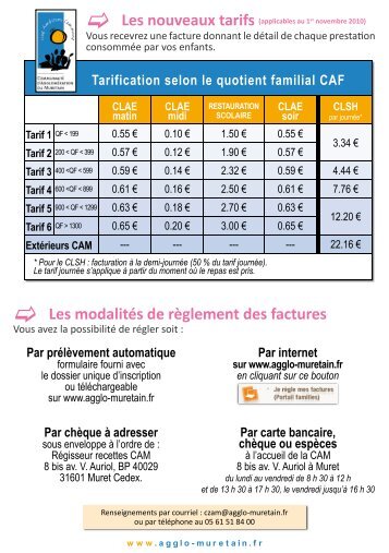 Les nouveaux tarifs (applicables au 1er novembre 2010) - Ville de ...