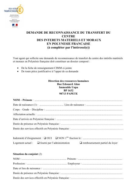 Formulaire dde CIMM 2010 - Vice-rectorat de Polynésie française
