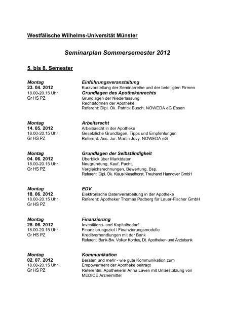 Seminarplan Sommersemester 2012 - Noweda