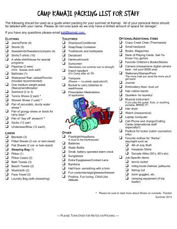 2013 kamaji staff packing list - Camp Kamaji