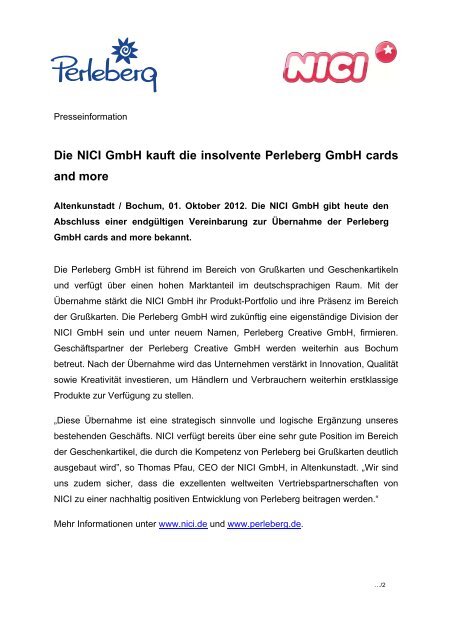 Die NICI GmbH kauft die insolvente Perleberg GmbH cards and more