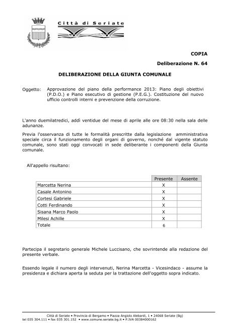 DELIBERAZIONE DELLA GIUNTA COMUNALE ... - CittÃ  di Seriate