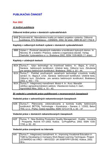 Rok 2002 - technickÃ¡ univerzita v koÅ¡iciach - stavebnÃ¡ fakulta