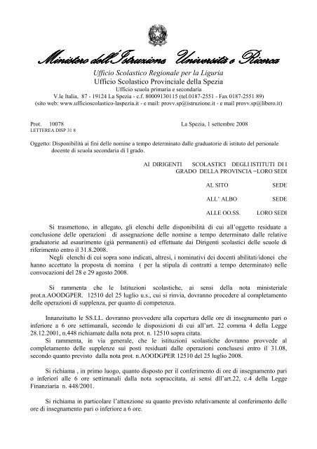 sc. second. di IÂ° grado - Ufficio scolastico provinciale della Spezia