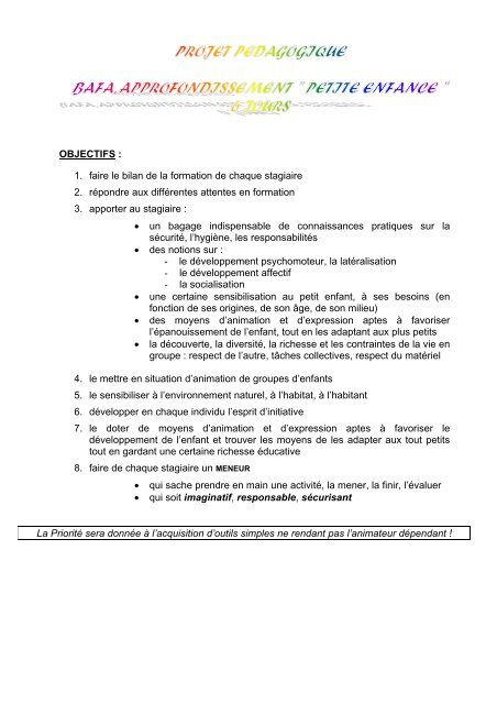 Programme approfondissement BAFA Petite enfance - Cousins