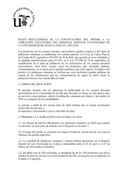 Convocatoria JubilaciÃ³n Voluntaria 2010.pdf - Universidad de Sevilla