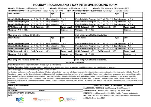 HOLIDAY PROGRAM AND 5 DAY INTENSIVE BOOKING FORM