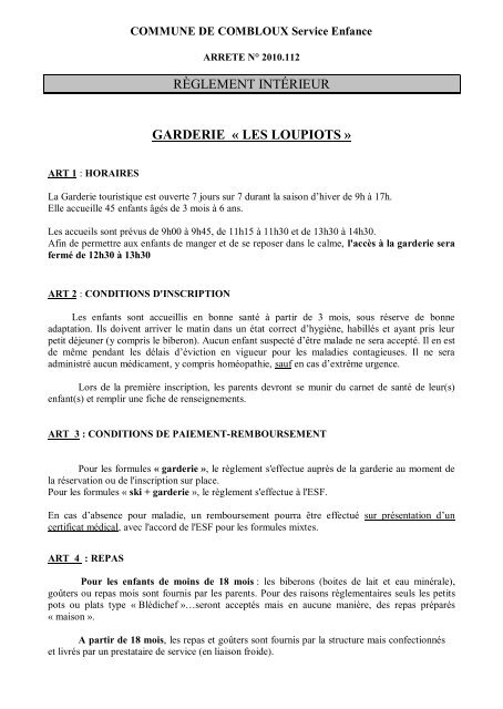 rÃ¨glement intÃ©rieur garderie Â« les loupiots - Mairie de Combloux