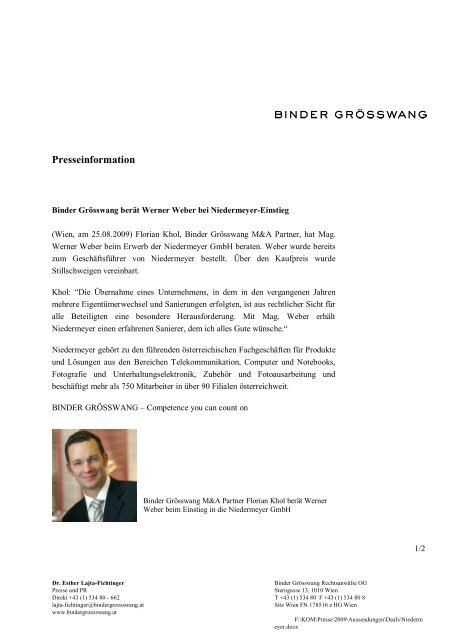 Binder Grösswang berät Werner Weber bei Niedermeyer-Einstieg