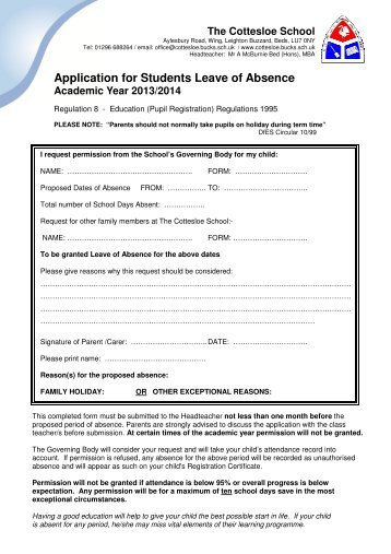 Application for Students Leave of Absence - The Cottesloe School