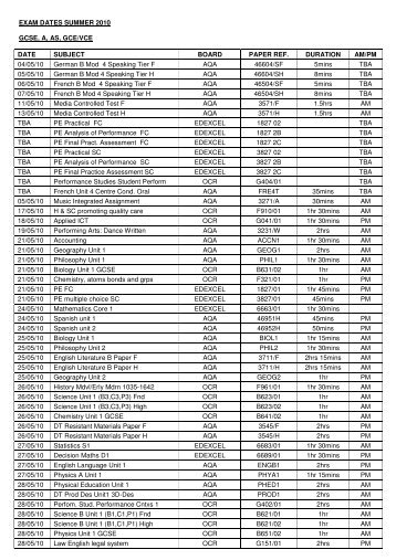 EXAM DATES SUMMER 2010 GCSE, A, AS, GCE/VCE DATE ...