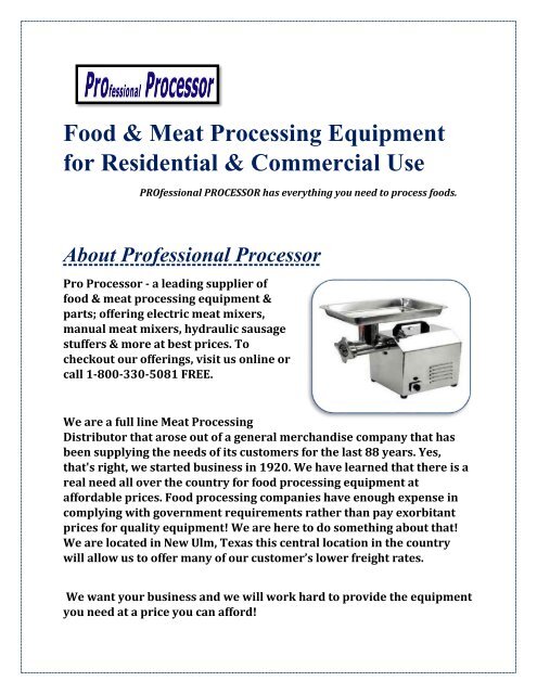 Commercial food sale processing equipment
