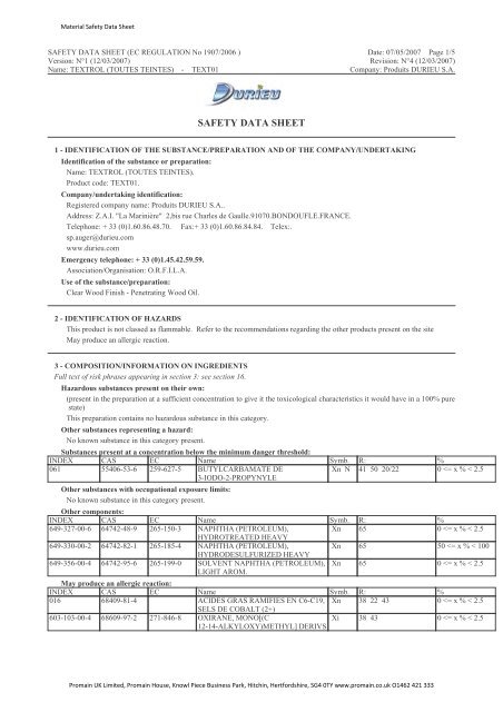Textrol Safety Data Sheet - Promain