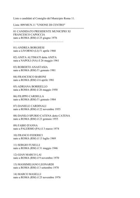 Liste e candidati al Consiglio del Municipio Roma 11. Lista: 009 ...