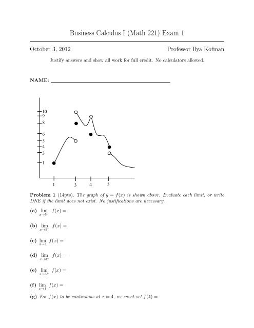 Business Calculus I (Math 221) Exam 1