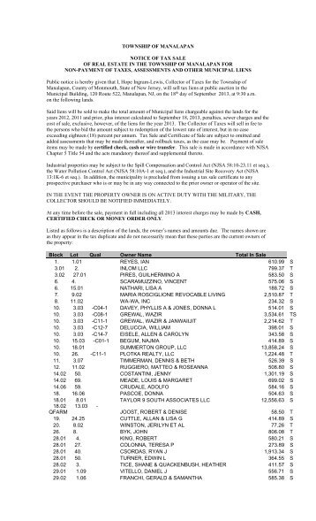 township of manalapan notice of tax sale of real estate in the ...