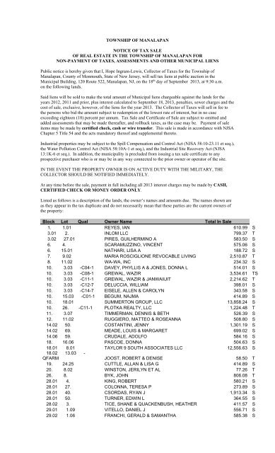 township of manalapan notice of tax sale of real estate in the ...