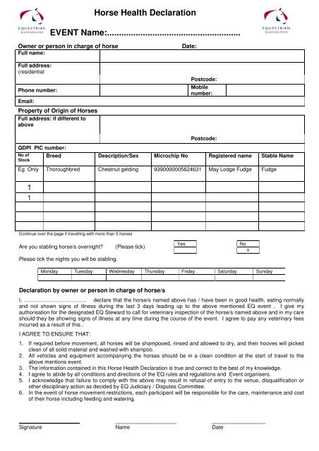 Horse Health Declaration Form Qld