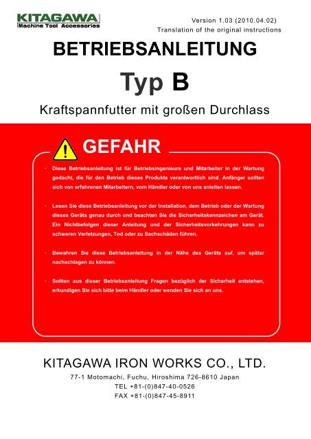 BETRIEBSANLEITUNG GEFAHR - Kitagawa Europe