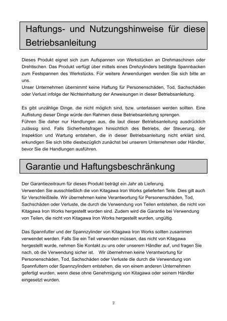 BETRIEBSANLEITUNG GEFAHR - Kitagawa Europe