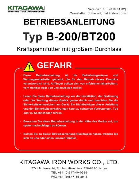 BETRIEBSANLEITUNG Typ B-200/BT200 - Kitagawa Europe