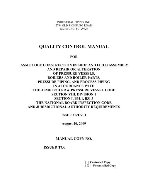 QUALITY CONTROL MANUAL - Industrial Piping, Inc.