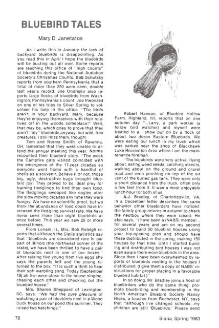Vol. 5, No. 2; Spring 1983 - North American Bluebird Society