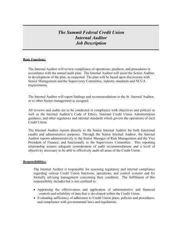 The Summit Federal Credit Union Internal Auditor Job Description