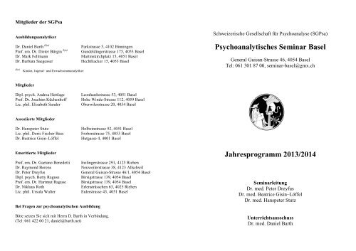 Psychoanalytisches Seminar Basel Jahresprogramm 2013/2014