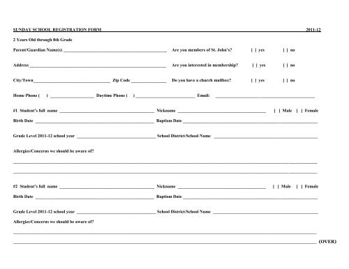 SUNDAY SCHOOL REGISTRATION FORM 2011-12 2 Years Old ...