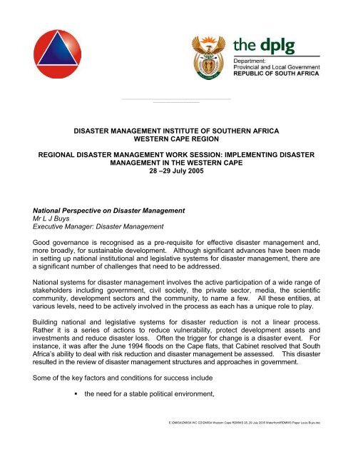 Louis Buys - Disaster Management Institute South Africa