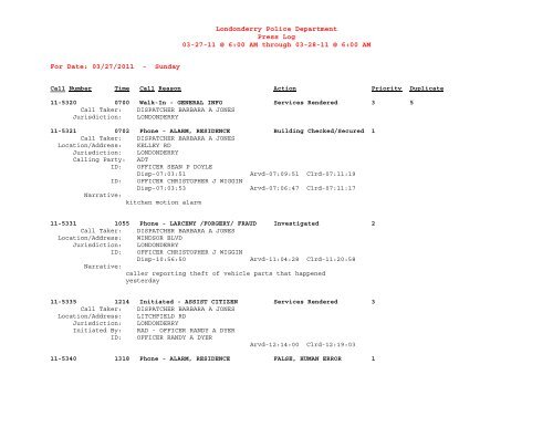 Londonderry Police Department For Date: 03/26/2011 - Town of ...