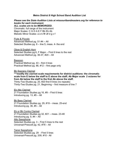 Metro District 8 High School Band Audition List Please see the State ...