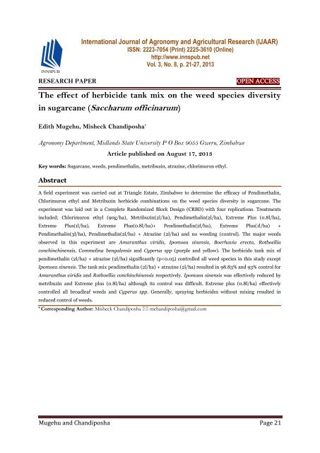 The effect of herbicide tank mix on the weed species diversity in sugarcane (Saccharum officinarum)