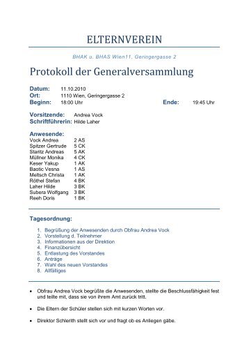 Protokoll Generalver.. - in der BHAK/BHAS Wien 11