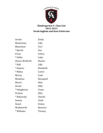 Kindergarten-‐A Class List 2012-‐2013 Sarah Ingham and Kass ...