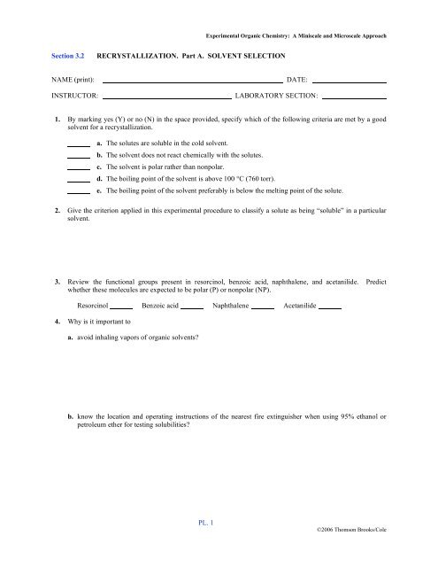 RECRYSTALLIZATION. Part A. SOLVENT SELECTION