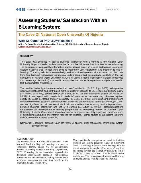 Satisfaction With an E-Learning System - IEEE Afr J Comp & ICTs