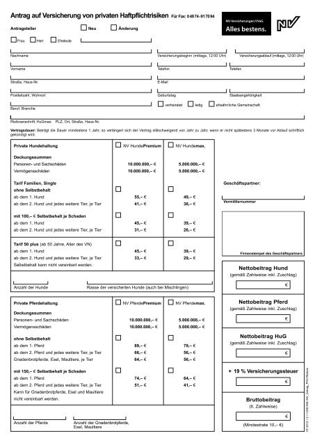 Antrag auf Versicherung Haftpflicht Tierhalter und ... - NV Versicherung