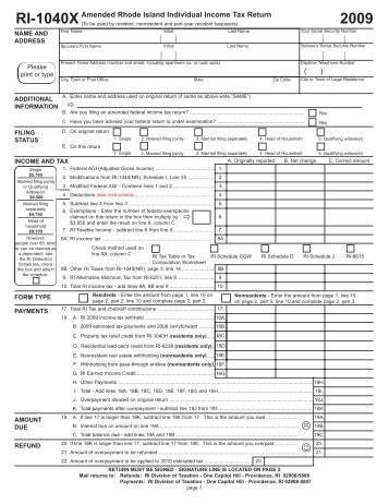 RI-1040X 2009 Amended Rhode Island Individual Income Tax Return