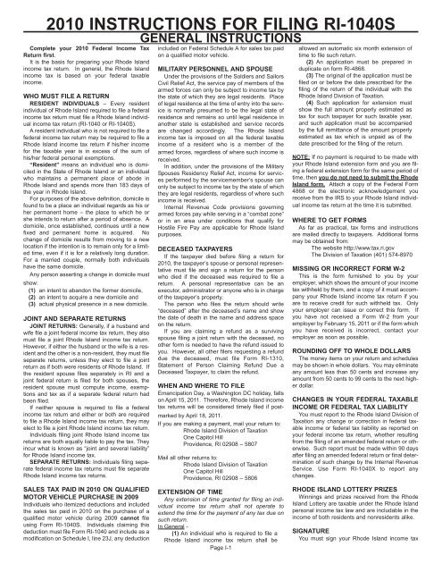 2010 RI-1040S Instructions No Worksheets - Rhode Island Division ...