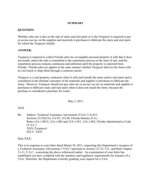 TAA 11A-012 - Florida Sales Tax Attorney