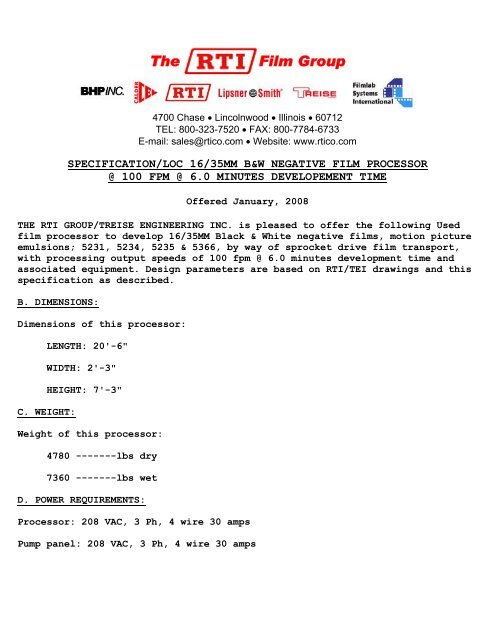 Specifications for Negative Film Processor