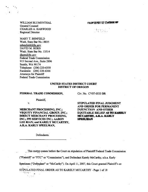 Stipulated Final Judgement As To Karely Mccarthy The