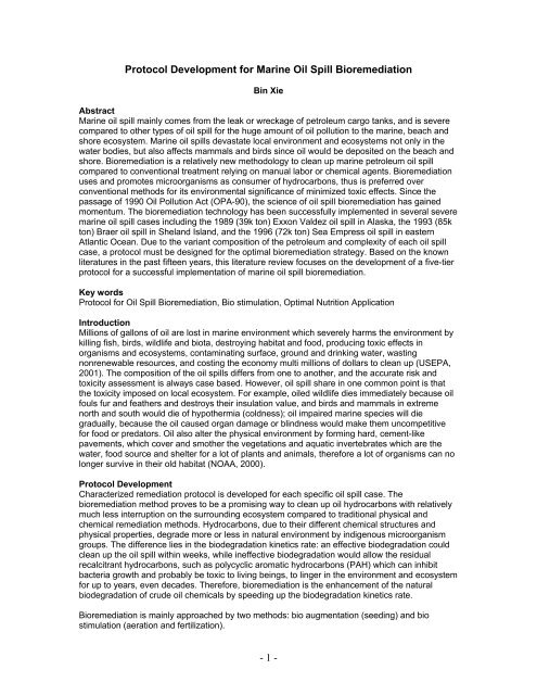- 1 - Protocol Development for Marine Oil Spill Bioremediation