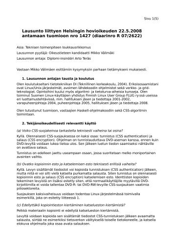 Lausunto liittyen Helsingin hovioikeuden 22.5.2008 ... - Mikko VÃ¤limÃ¤ki