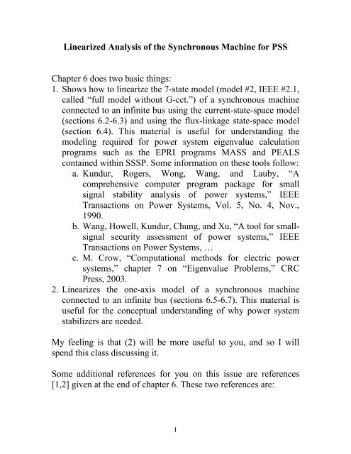 Linearized Analysis of the Synchronous Machine for PSS Chapter 6 ...